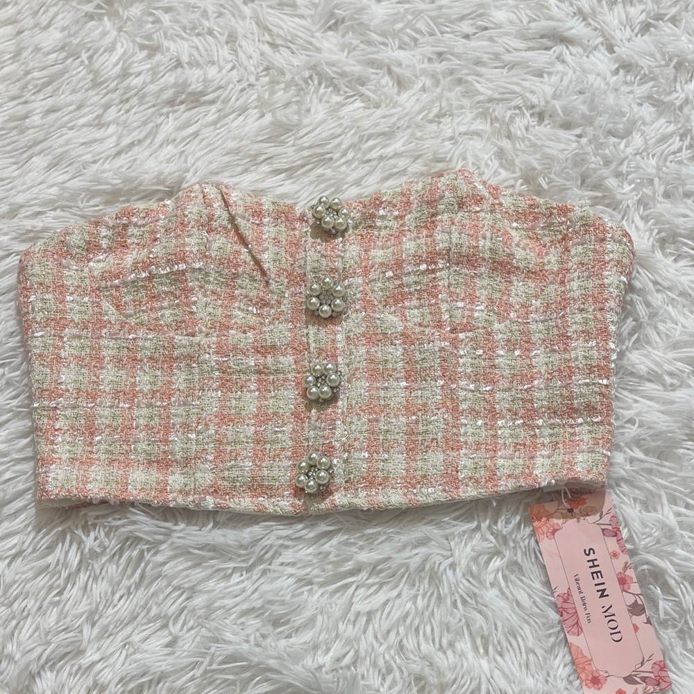 SHEIN Pink and Cream Tweed Bustier WOMENS SIZE XS BEAUTIFUL PEARL BUTTONS NWT